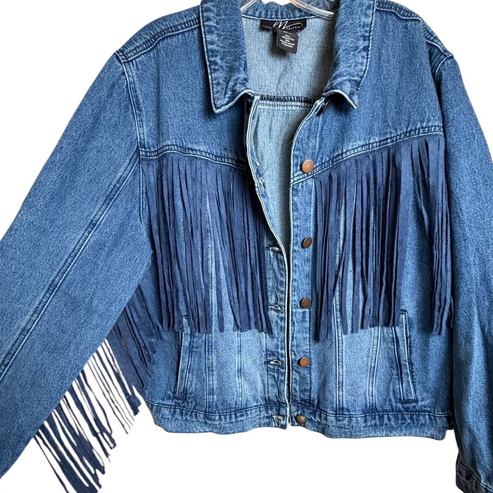 Midnight Velvet Denim Fringe Jacket Western Blue Womens XL